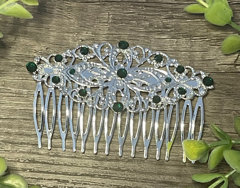 Emerald green crystal rhinestone Comb on 3.5” silver Metal Hair Comb accessory Handmade Retro Bridal Party Prom