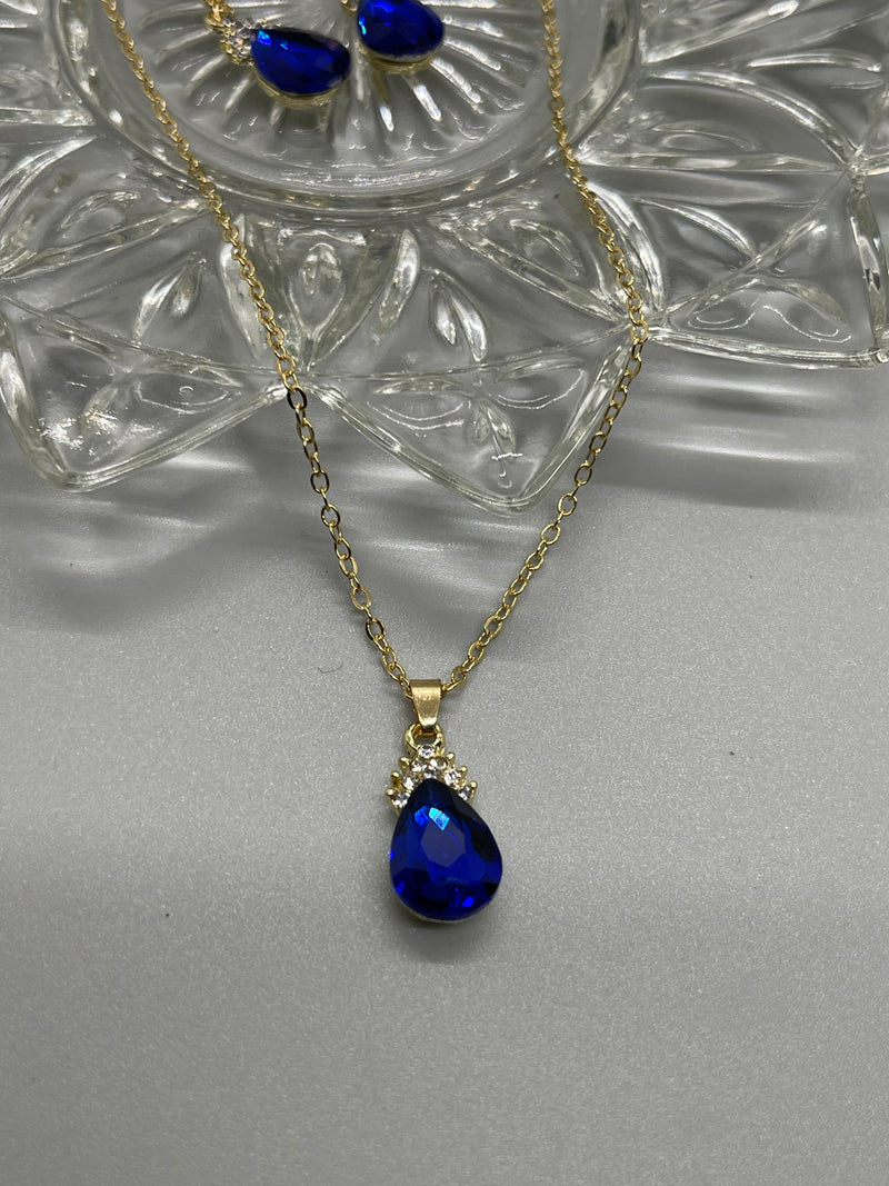 Blue sapphire crystal teardrop gold necklace earrings set