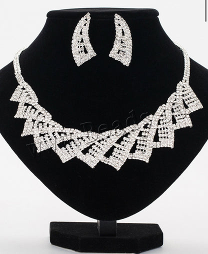Elegant crystal rhinestone silver necklace Rhinestone Jewelry Sets earring necklace wedding engagement Length:Approx 17.5 “