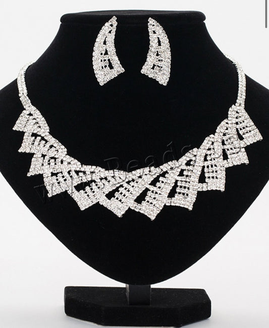 Elegant crystal rhinestone silver necklace Rhinestone Jewelry Sets earring necklace wedding engagement Length:Approx 17.5 “