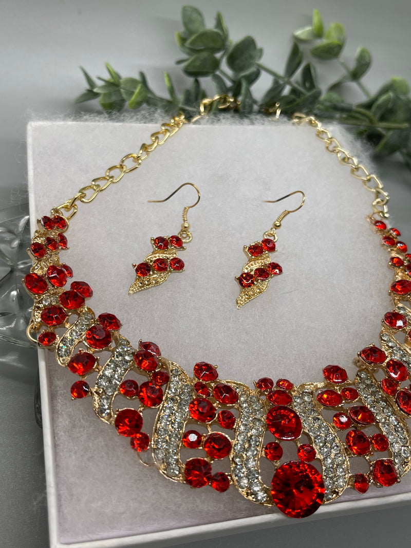 Red Gold Crystal rhinestone necklace earrings set wedding engagement formal accessory