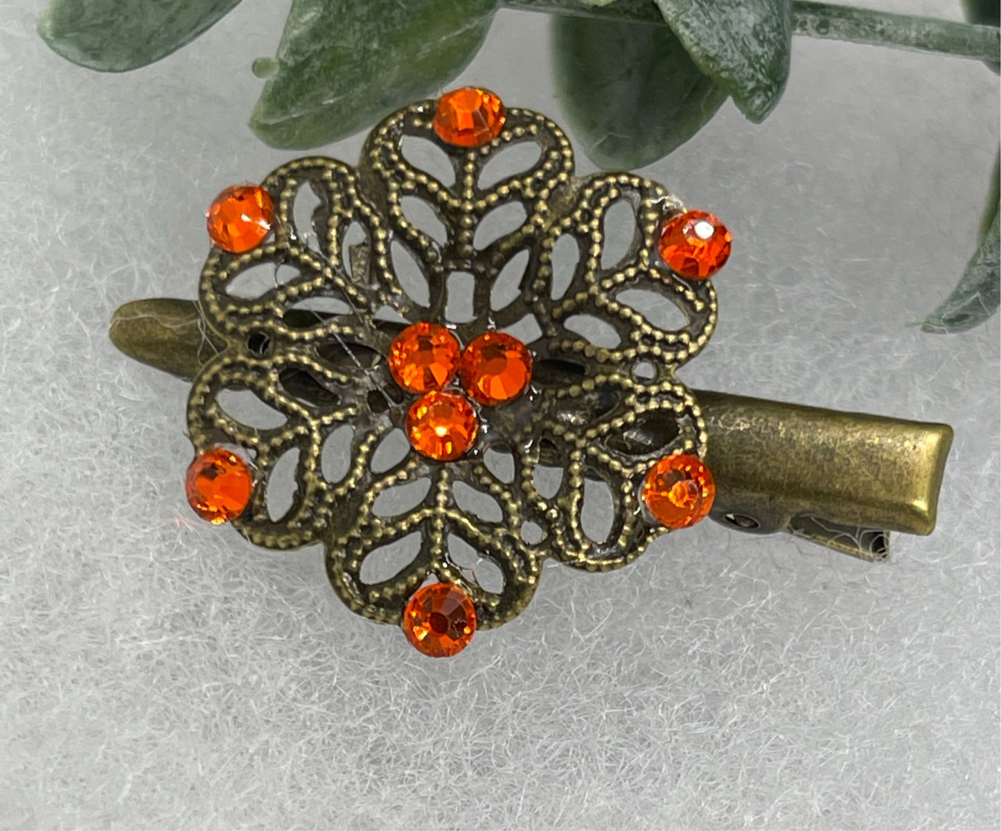 Orange crystal rhinestone flower 2.0”alligator clip Antique vintage style bridal Wedding shower sweet 16 birthday princess bridesmaid hair accessory