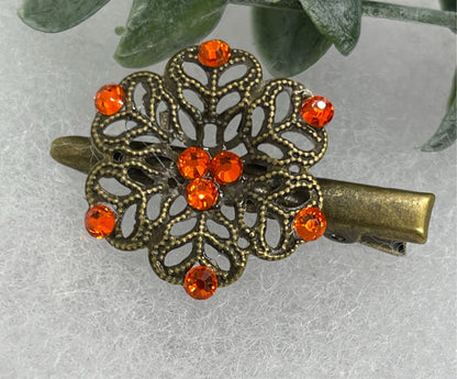Orange crystal rhinestone flower 2.0”alligator clip Antique vintage style bridal Wedding shower sweet 16 birthday princess bridesmaid hair accessory