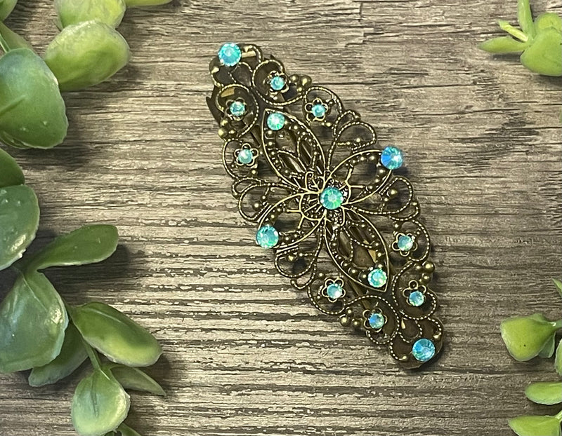 Aqua crystal barrette Vintage Style 3.5”antique tone Metal bridal wedding shower birthday princess prom gift accessories