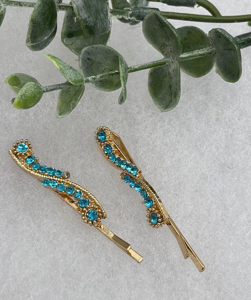 Teal crystal rhinestone approximately 2.0” gold tone hair pins 2 pc set wedding bridal shower engagement formal princess accessory accessories