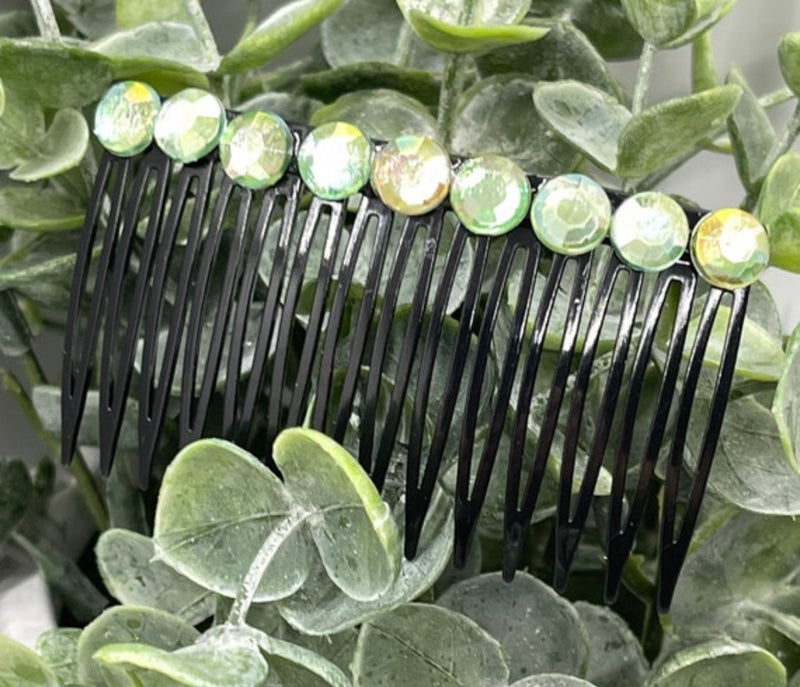 Light Green faux Rhinestone  hair comb accessory side Comb 3.5” black plastic side Comb