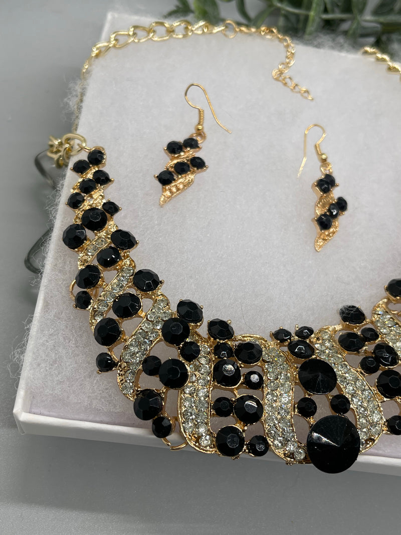 Black gold crystal rhinestone necklace earrings set wedding engagement formal accessory