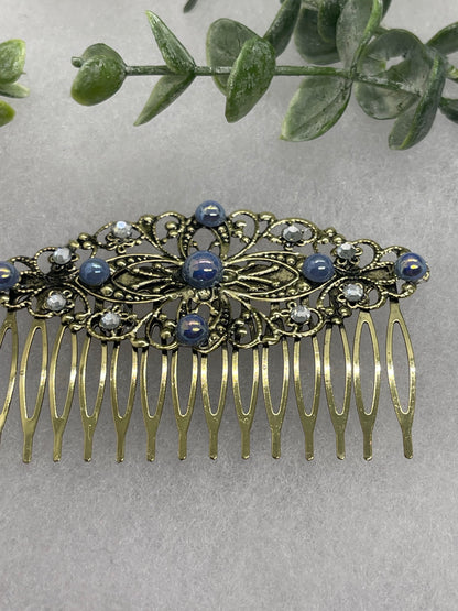 Blue iridescent crystal Pearl vintage style silver tone side comb hair accessory accessories gift birthday