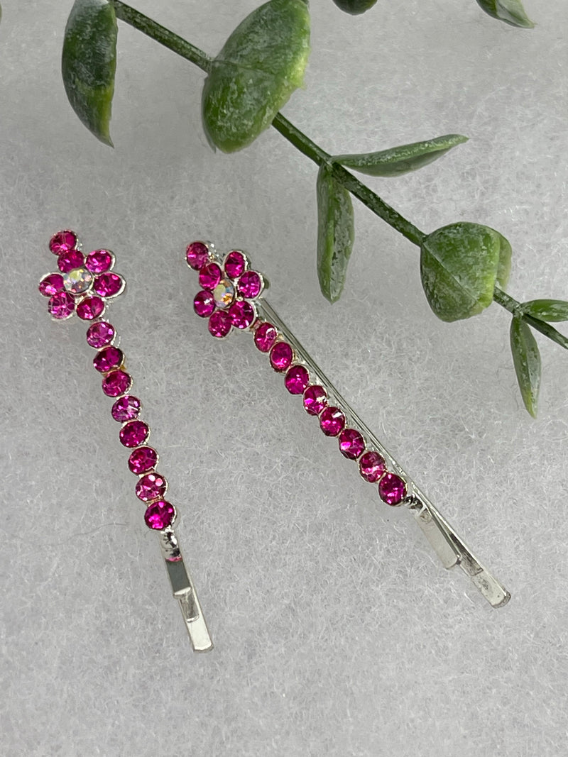 Hot pink crystal rhinestone approximately 2.0” silver tone hair pins 2 pc set wedding bridal shower engagement formal princess accessory accessories