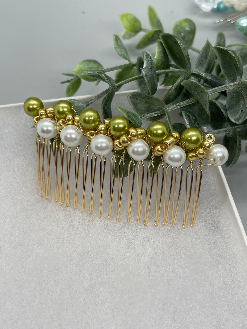 Olive green  gold beaded side Comb 3.5” gold Metal hair Accessories bridesmaid birthday princess wedding gift handmade accessories