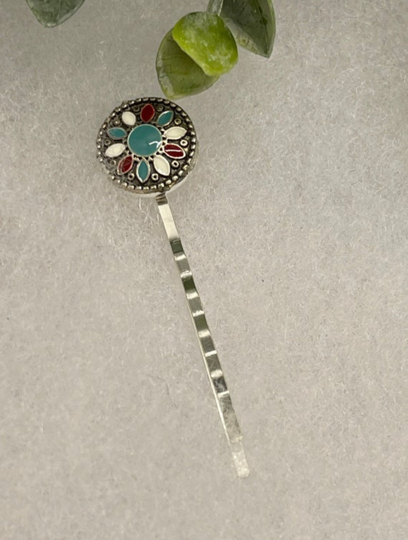 Turquoise swirl enamel vintage antique style hair pin approximately 2.5” long Handmade hair accessory bridal wedding Retro