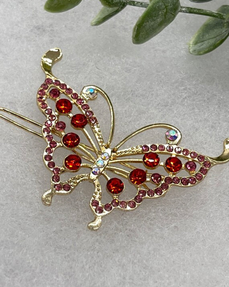 Red gold butterfly Crystal Rhinestone Barrette approximately 3.5”Metal gold tone formal hair accessory