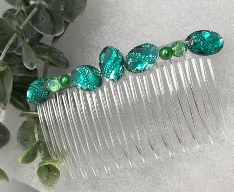 Green faux Rhinestone hair comb accessory side Comb 3.5” clear plastic side Comb