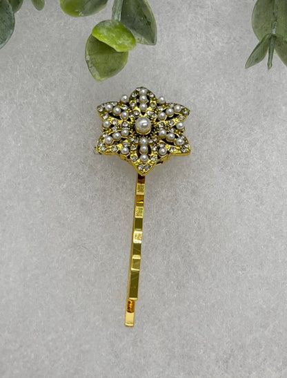 Gold Star Crystal Pearl flower vintage antique style hair pin approximately 2.5” long Handmade hair accessory bridal wedding Retro