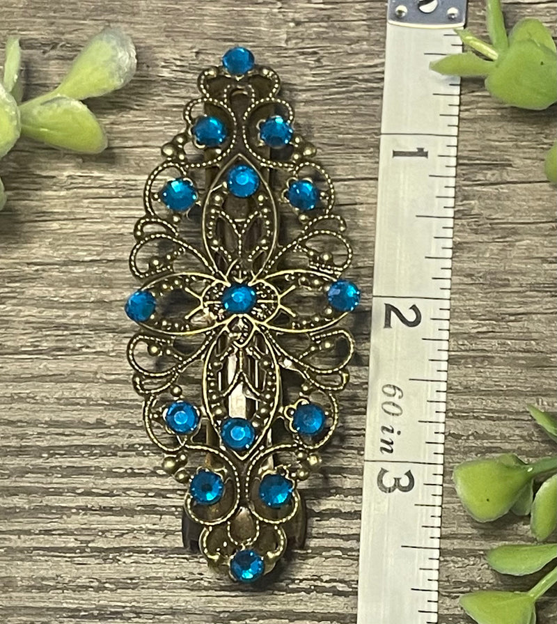 Sapphire teal crystal barrette Vintage Style 3.5”antique tone Metal bridal wedding shower birthday princess prom