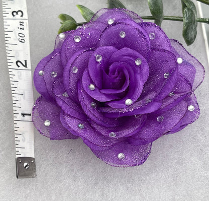 Purple Rose flower crystal rhinestone embellished alligator clip approximately 3.0” formal hair accessory wedding bridal engagement princess bridesmaid
