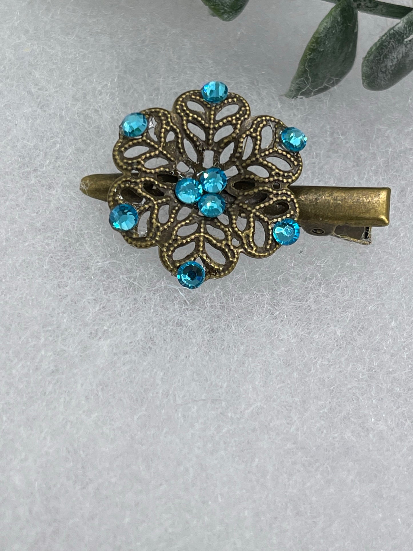 Teal crystal rhinestone  flower 2.0”alligator clip  Antique vintage style bridal Wedding shower sweet 16 birthday princess bridesmaid hair accessory