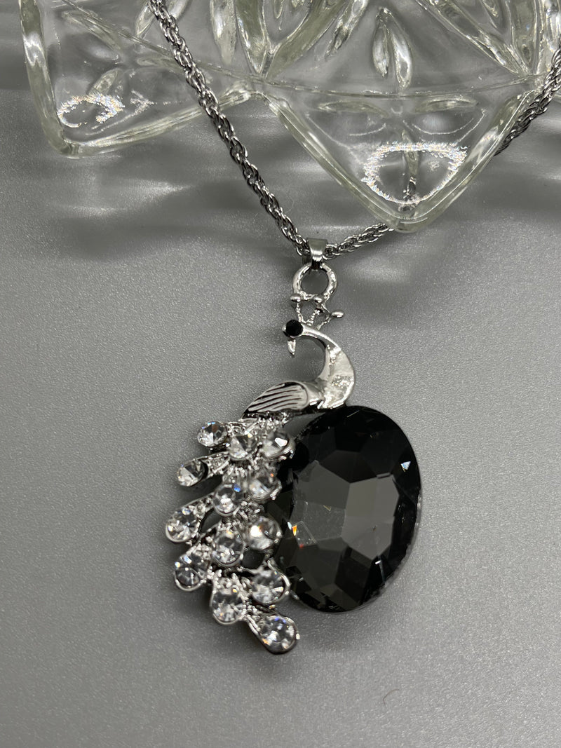 Black crystal rhinestone peacock silver necklace earrings set