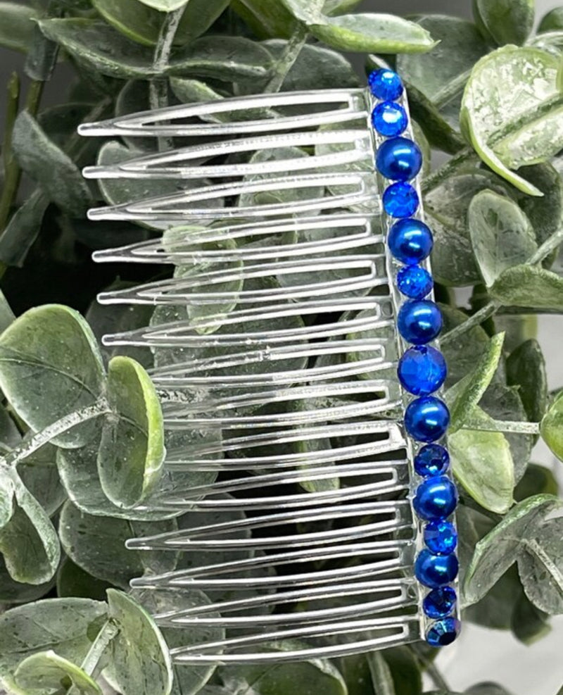 Royal blue faux Pearl crystal side comb approximately 3.5” long plastic hair accessory bridal wedding Retro