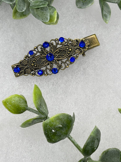Royal blue crystal vintage antique style leaf hair alligator clip on a 2.5” Handmade hair accessory bridal wedding Retro Bridal Party