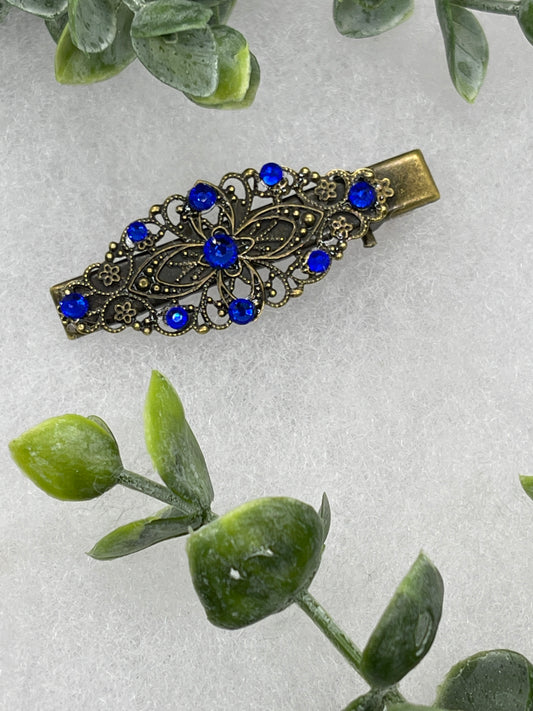 Royal blue crystal vintage antique style leaf hair alligator clip on a 2.5” Handmade hair accessory bridal wedding Retro Bridal Party