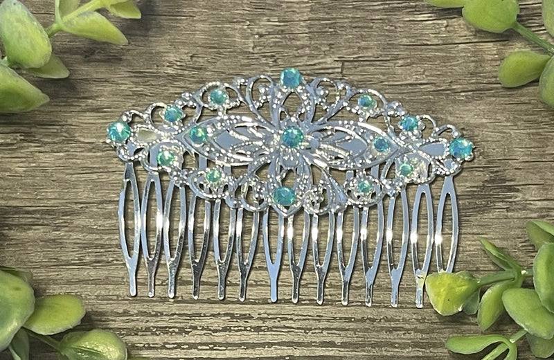 Aqua blue crystal rhinestone Comb on 3.5” silver Metal Hair Comb accessory Handmade Retro Bridal Party Prom