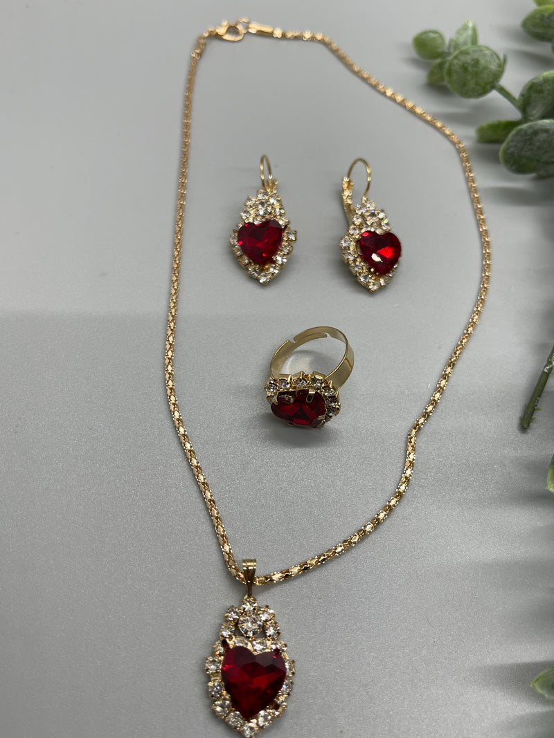 Red Crystal Jewelry Sets finger ring earring necklace Zinc Alloy Crystal Heart 3 pieces