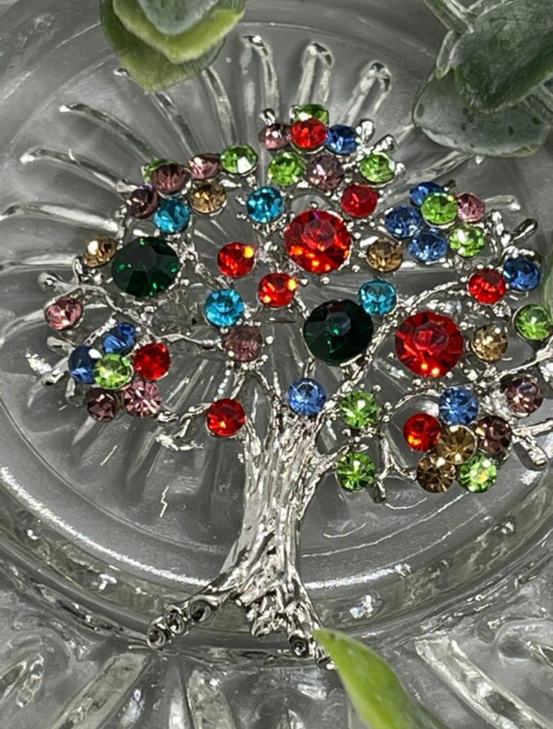 Luxe’s Multi color Crystal tree Brooch Rhinestone  silver plated woman with rhinestone nickel lead cadmium free 54x20mm gift scarf accessory