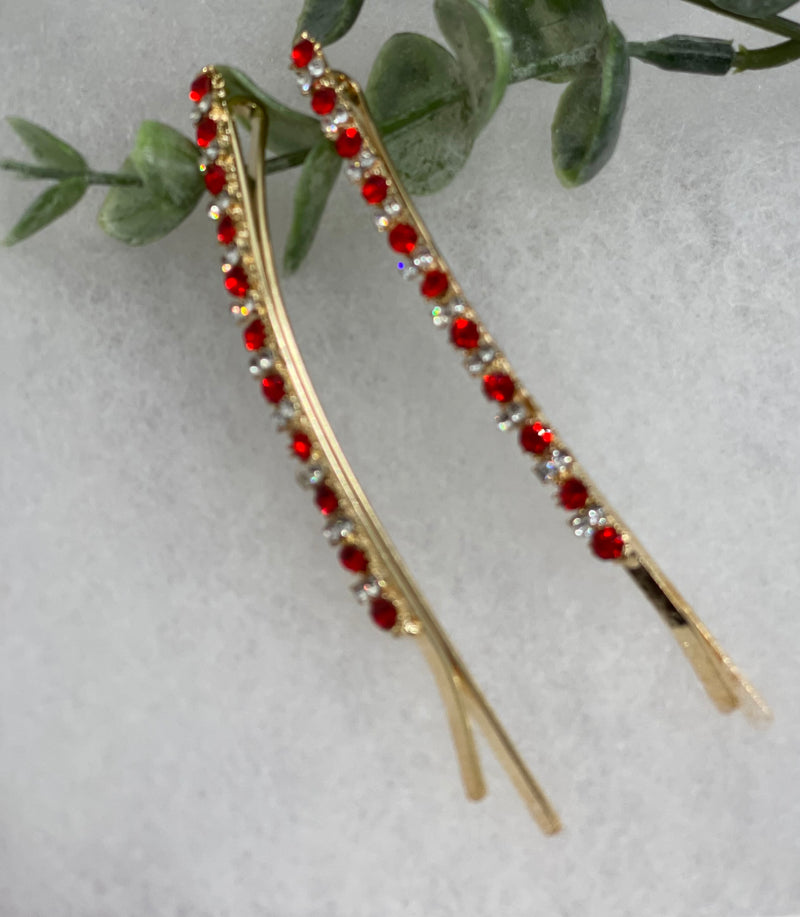 Red crystal rhinestone approximately 3.5” large gold tone hair pins 2 pc set wedding bridal shower engagement formal princess accessory accessories