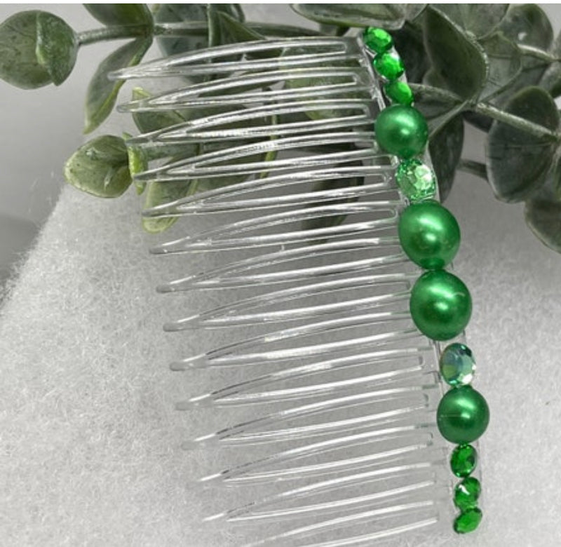 Emerald Green faux Pearl crystal side comb approximately 3.5” long plastic hair accessory bridal wedding Retro