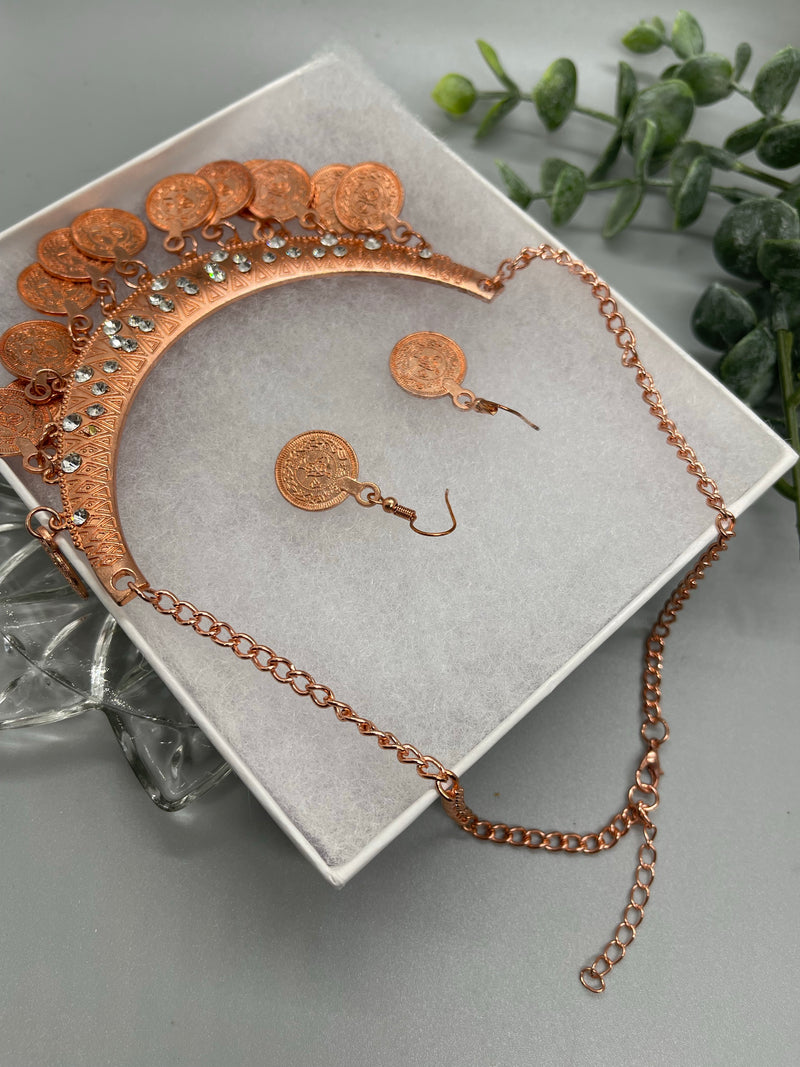 Rose gold coins necklace earrings set with rhinestone crystal adjustable chain gift sets accessory formal everyday accessories