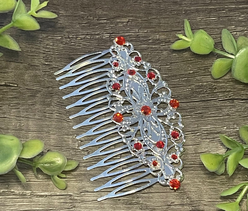 Ruby Red crystal rhinestone Comb on 3.5” silver Metal Hair Comb accessory Handmade Retro Bridal Prom birthday