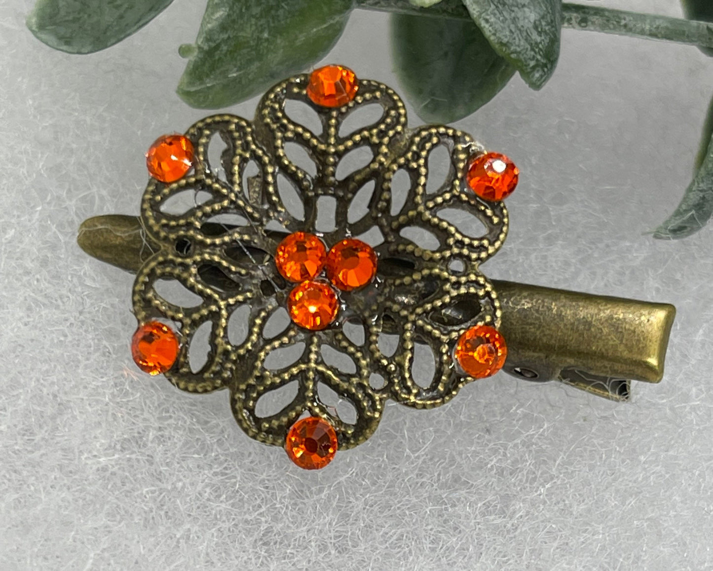 Orange Crystal vintage antique style flower hair alligator clip approximately 2.0” long Handmade hair accessory bridal wedding Retro