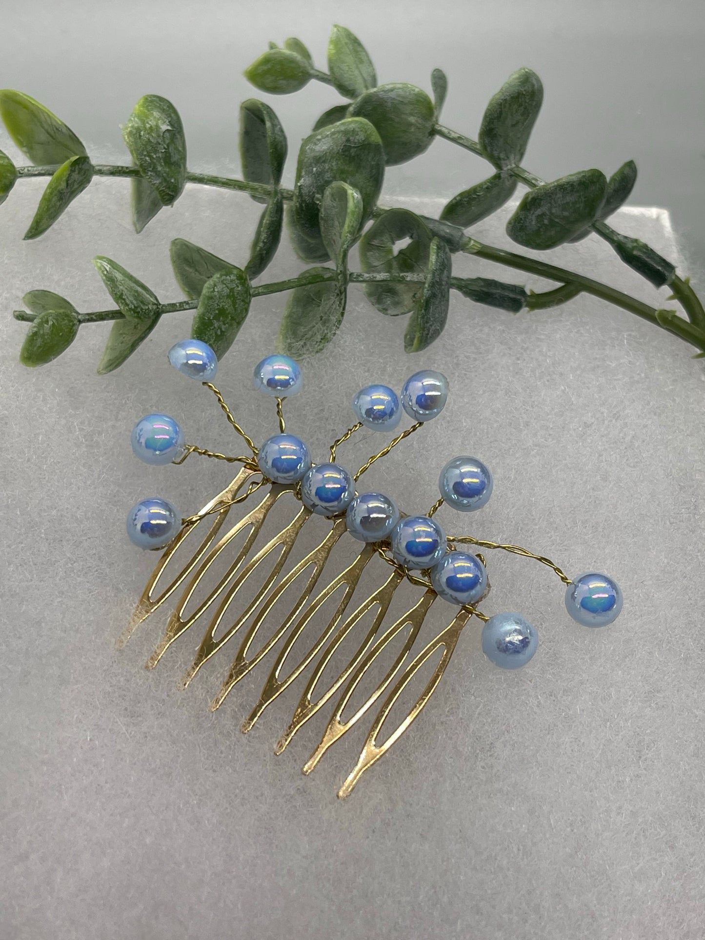 Baby Blue faux Pearl 2.0” gold tone bridal side Comb accents vine handmade by hairdazzzel wedding accessory bride princess gifts Shower hair accessory