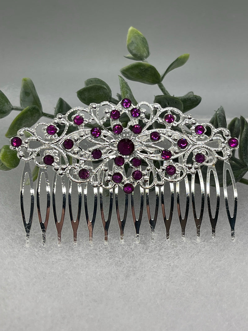 Purple crystal rhinestone 3.5”side comb silver Antique vintage style bridal Wedding shower sweet 16 birthday princess bridesmaid hair accessory