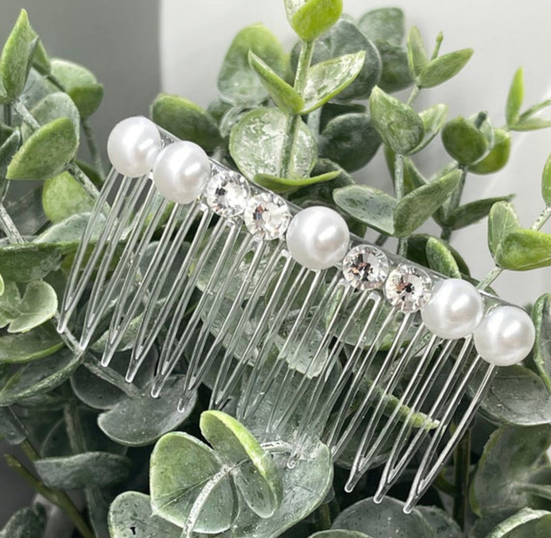 White bridal crystal Rhinestone Pearl hair comb accessory side Comb 3.5” clear plastic side Comb