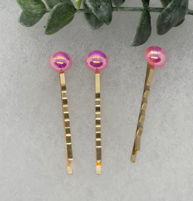 Pink faux pearl 3 pc set Gold Antique vintage Style approximately 3.0” hair pin wedding engagement bride princess formal hair accessories