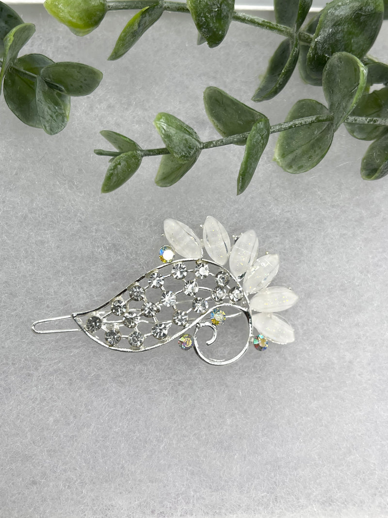 White Crystal Rhinestone peacock hair clip approximately 3.0”Metal silver tone formal hair accessory gift wedding bridal engagement