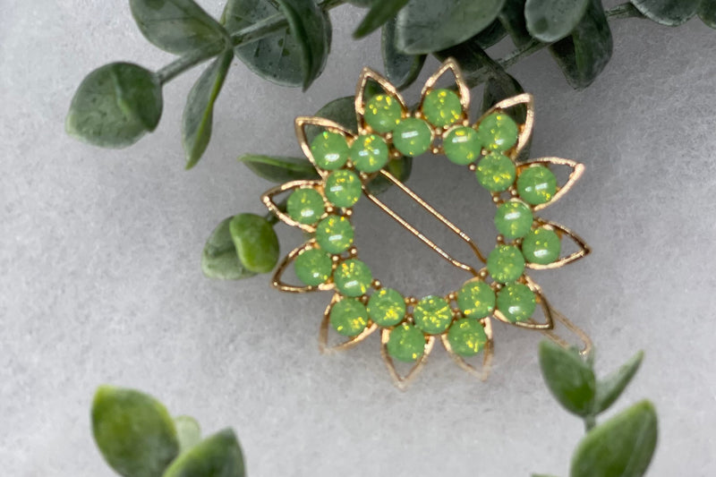 Green crystal rhinestone sunflower approximately 2.5” barrette Gold vintage style bridal Wedding shower