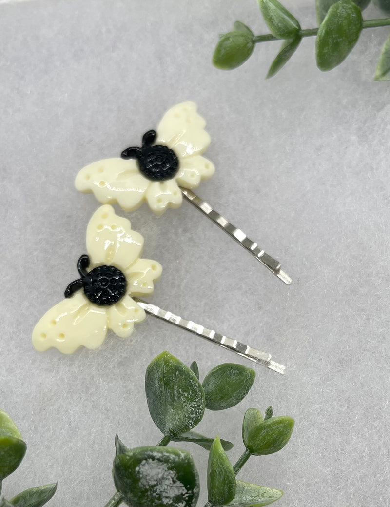 2 pc cream black Butterfly hair pins approximately 2.0”silver tone formal hair accessory gift wedding bridal Hair accessory