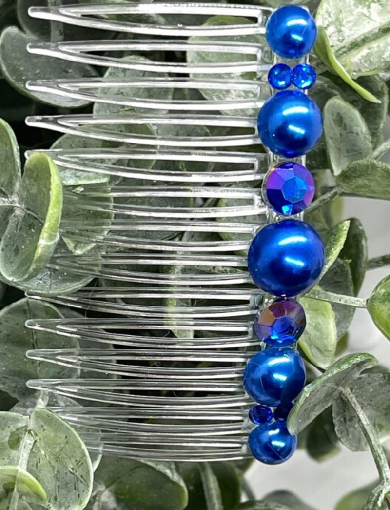 Royal blue faux Pearl crystal side comb approximately 3.5” long plastic hair accessory bridal wedding Retro