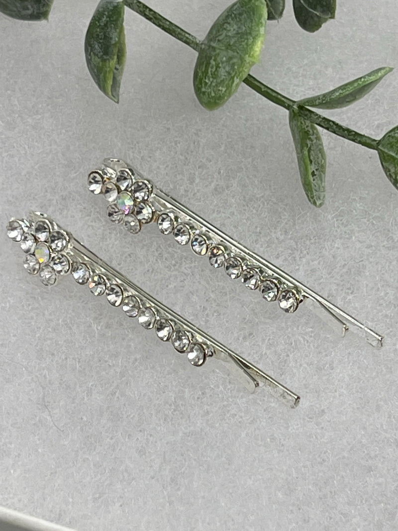 Clear crystal rhinestone approximately 2.0” silver tone hair pins 2 pc set wedding bridal shower engagement formal princess accessory accessories