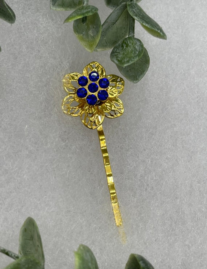 Royal Blue Crystal flower vintage antique style hair pin approximately 2.5” long Handmade hair accessory bridal wedding Retro