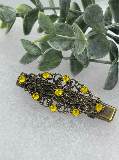 Yellow Crystal vintage antique style leaf hair alligator clip approximately 2.5” long Handmade hair accessory bridal wedding Retro