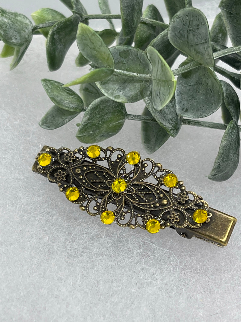 Yellow Crystal vintage antique style leaf hair alligator clip approximately 2.5” long Handmade hair accessory bridal wedding Retro