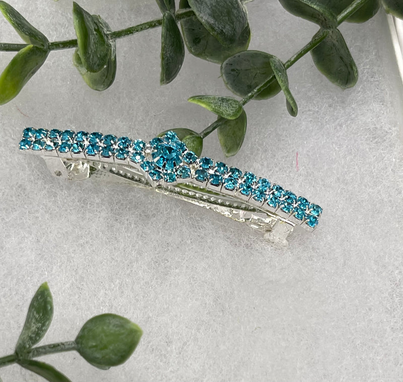 Teal blue Crystal Rhinestone barrette  approximately 3.0 silver tone formal hair accessory gift wedding bridal Hair accessory