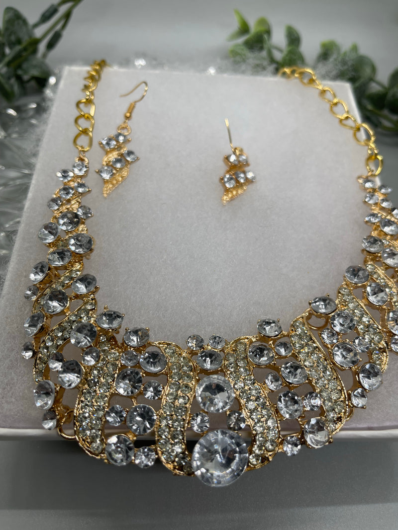 Crystal gold rhinestone necklace earrings set wedding engagement formal accessory