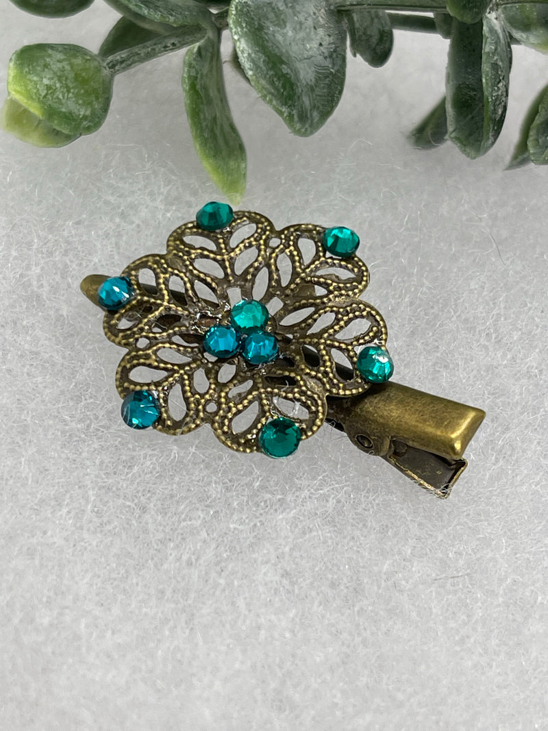 Teal crystal rhinestone  flower 2.0”alligator clip  Antique vintage style bridal Wedding shower sweet 16 birthday princess bridesmaid hair accessory