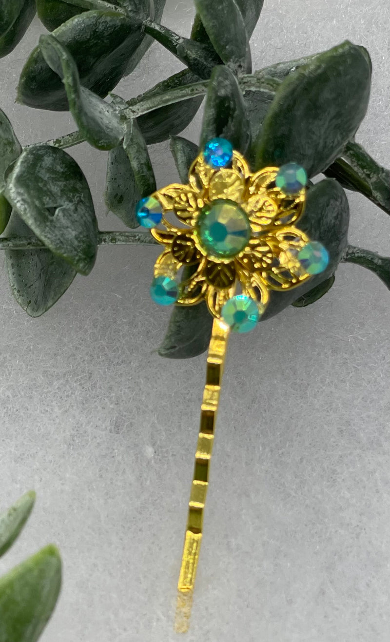 iridescent Teal crystal Gold Antique vintage Style approximately 3.0” flower hair pin wedding engagement bride princess