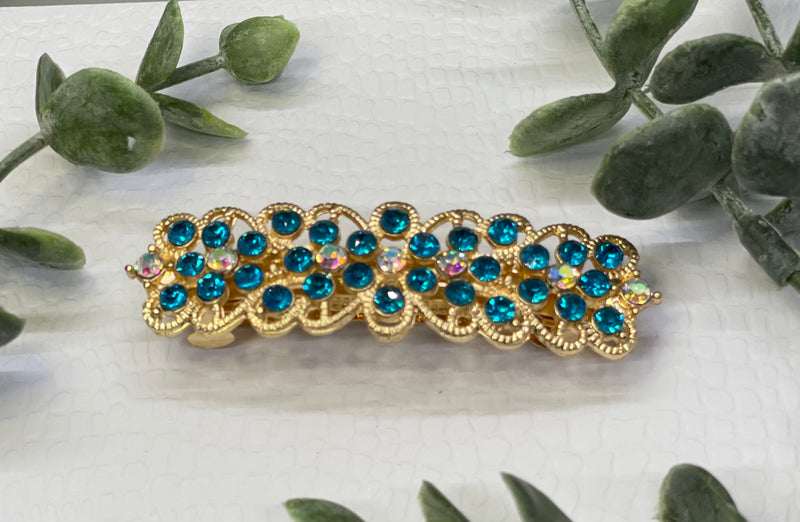 Teal Crystal rhinestone barrette approximately 3.0” gold tone formal hair accessories gift wedding bridesmaid